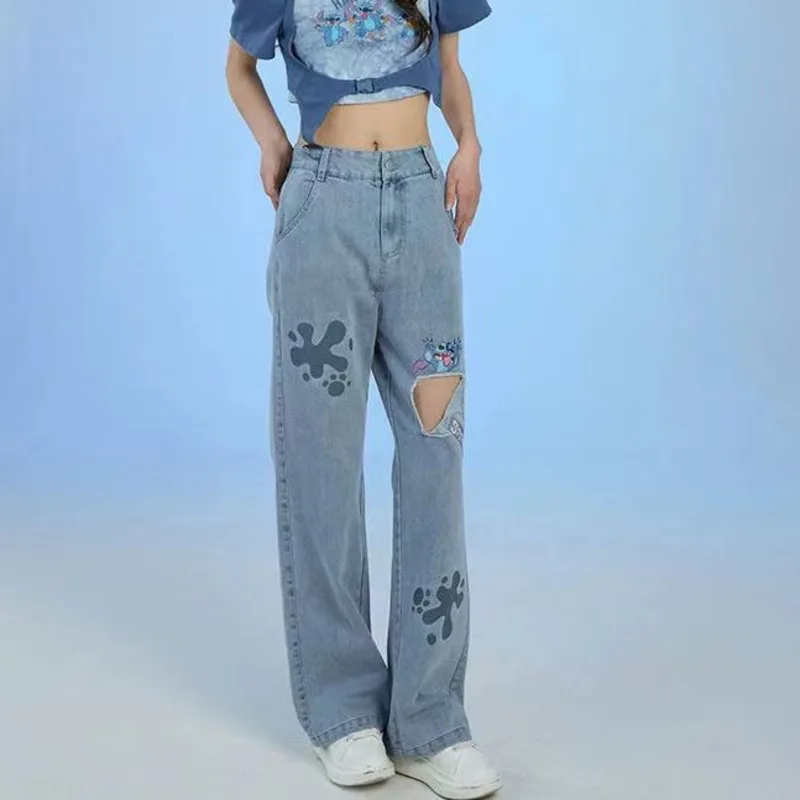 

Disney Stitch Embroidery Printed Jeans Women Summer Straight Casual Pants Y2k Fashion Ripped Pants Clothing