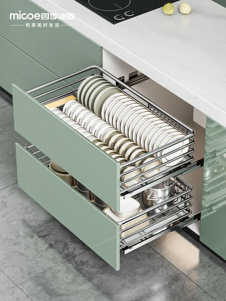 Y Pull Basket Kitchen Cabinet Dish Basket 304 Stainless Steel Double Drawer Storage Dish Rack