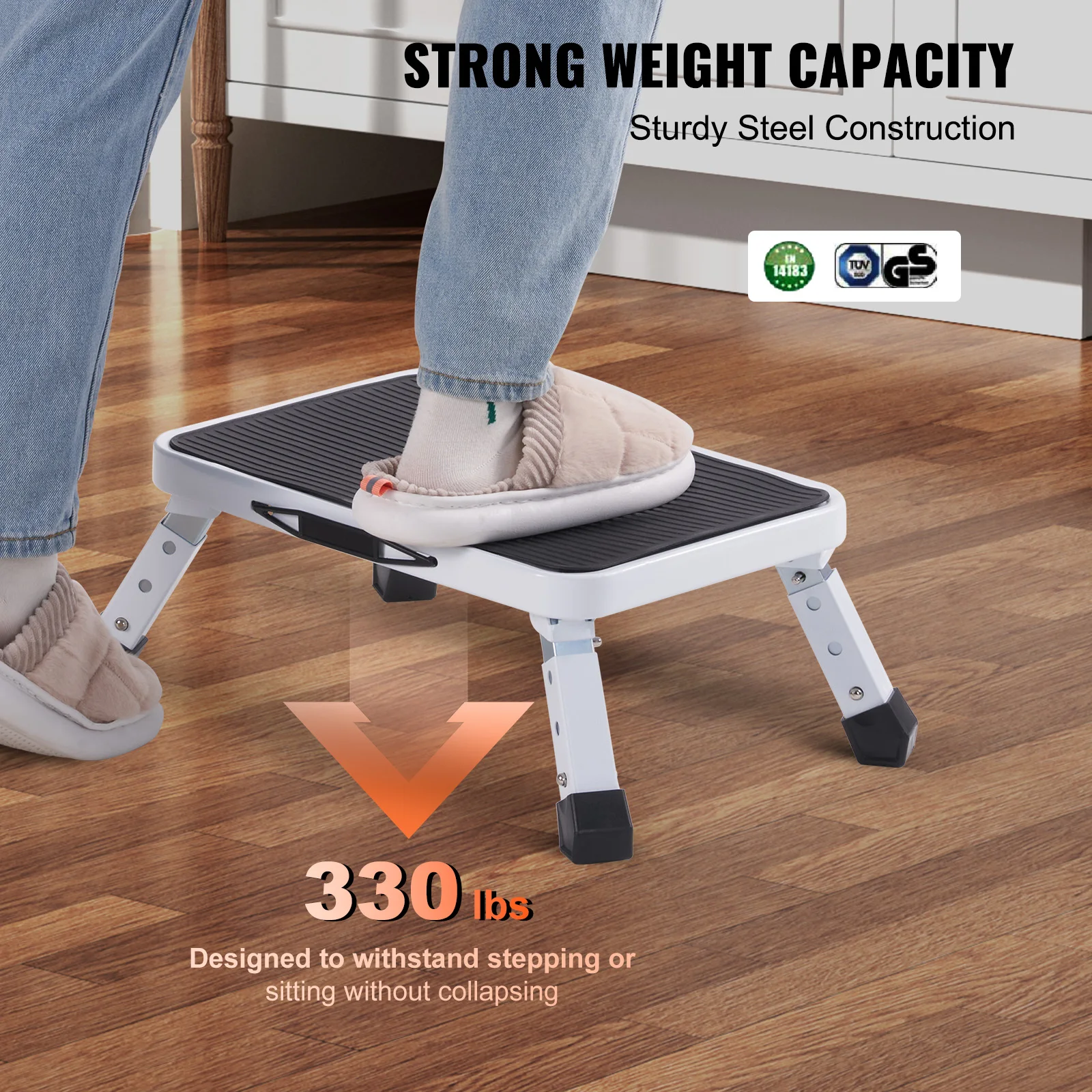Folding Stool Step Stool 1 Step 330lbs Capacity Adjustable Height Toddlers Adults Non Slip Sturdy For Office RVs Pets Bathrooms Bedrooms