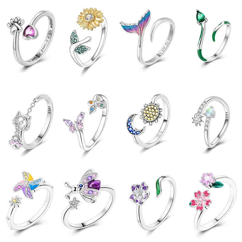 Verstellbare Ringe aus 925er-Sterlingsilber, Meerjungfrau, Flügel, Drache, Sonnenblume, Tulpe, offene Ringe für Frauen, weiblich, origineller Verlobungsschmuck