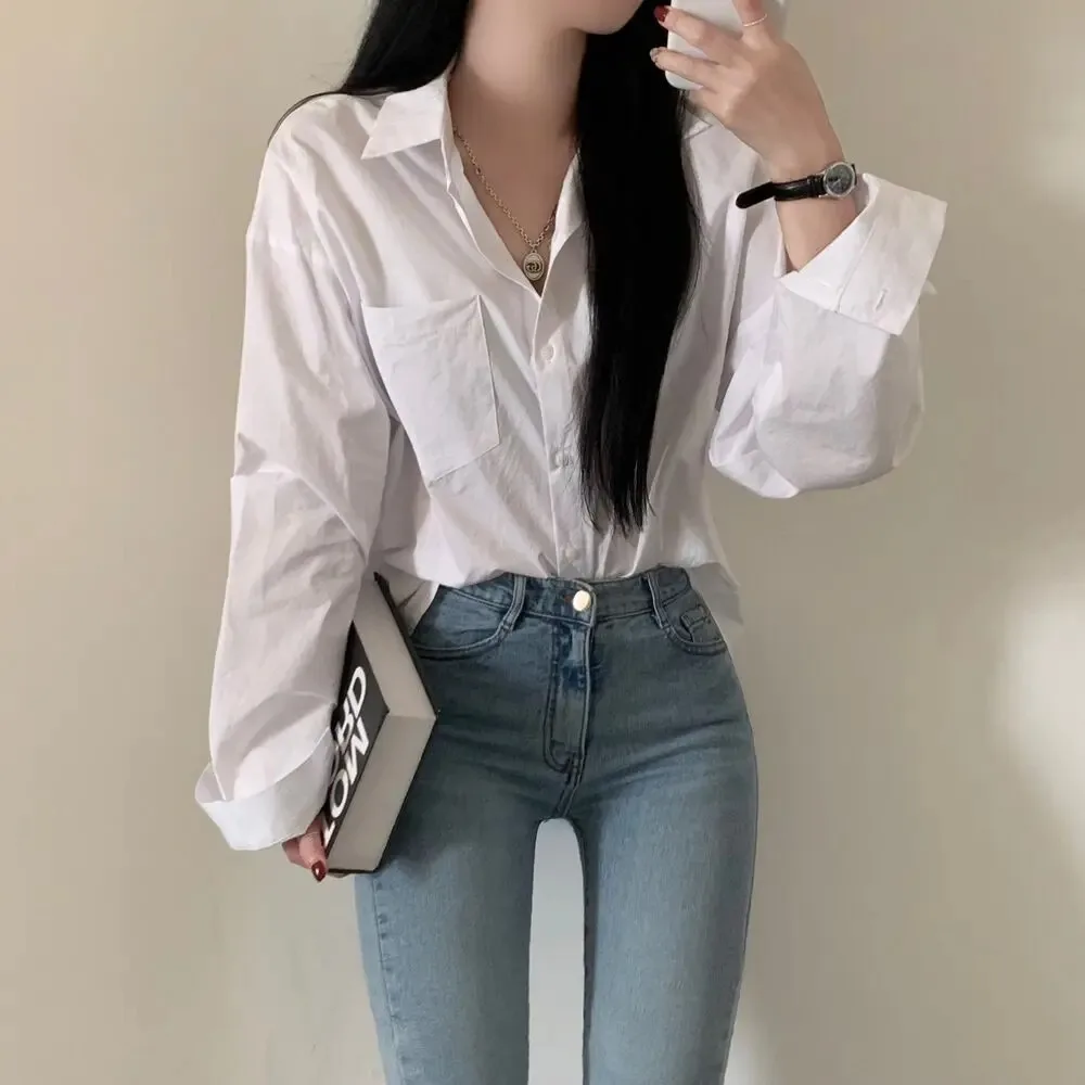 Korean Style Chic Loose Shirt Temperament Simple Tops Office Lady Professional Blouse Turn Down Collar Clothes 8306