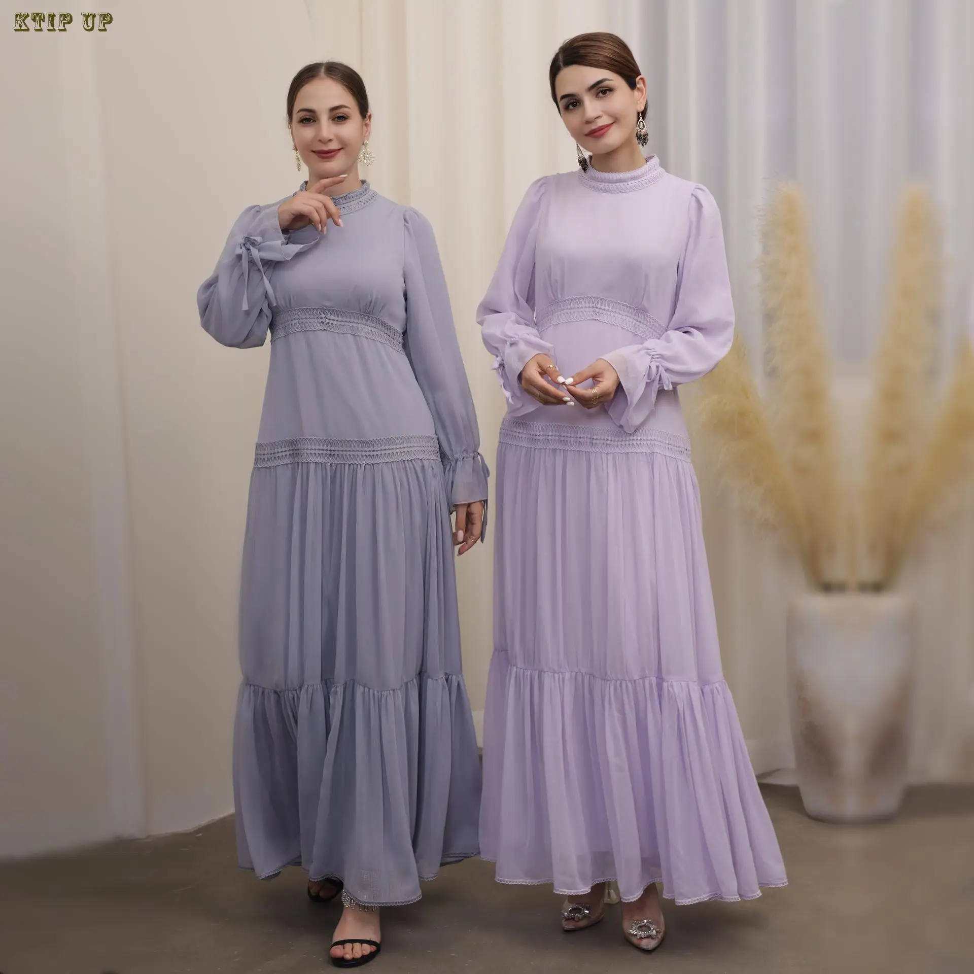 

Women Muslim Long Sleeve Maxi Dress Lace Stitching Islamic Middle East Dubai Robe Color Block Belted Abaya Kaftan Abaya Turkey