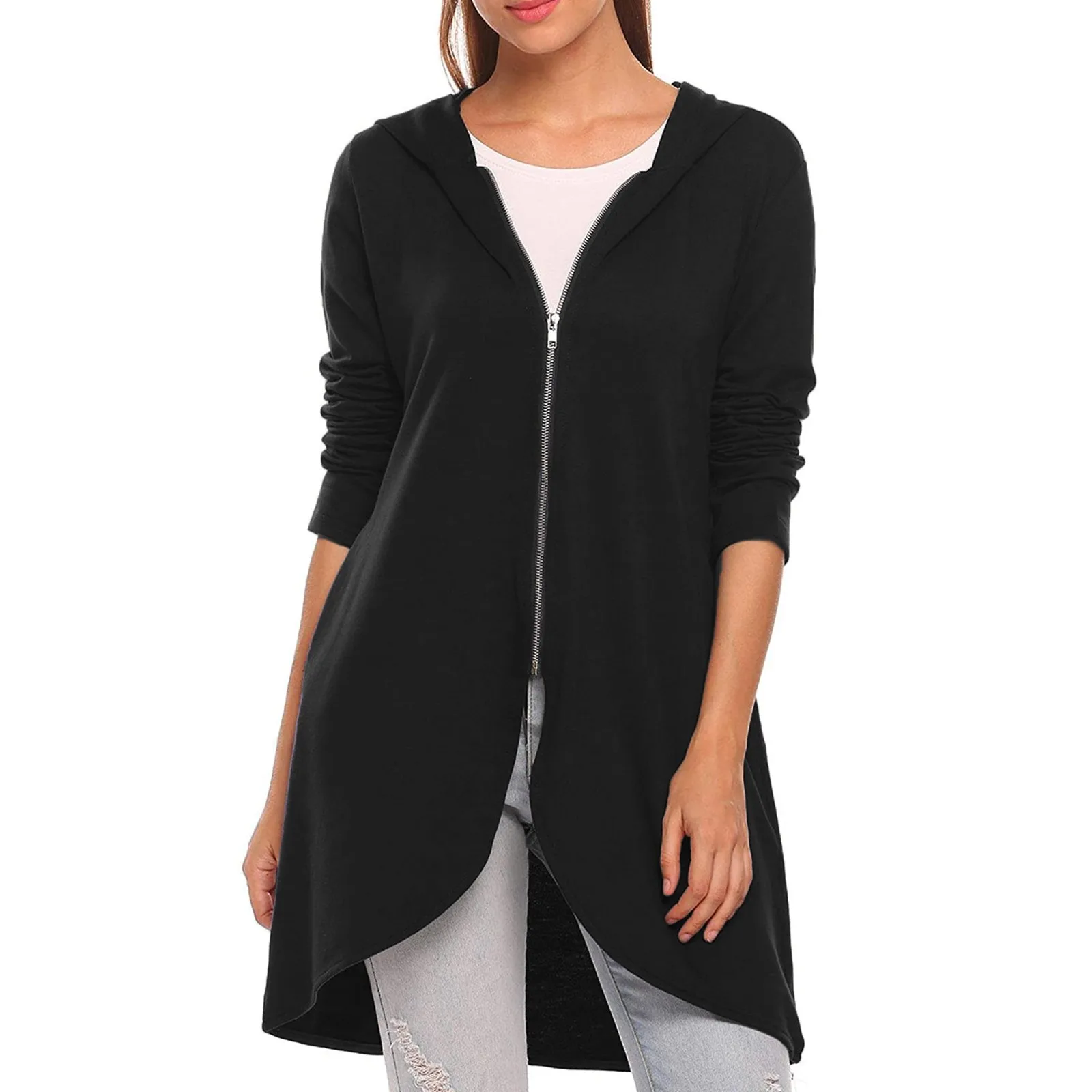 

Повседневный Женский однотонный свитшот, Свободная блузка с капюшоном, пальто на молнии, осенняя одежда, Женский свитшот