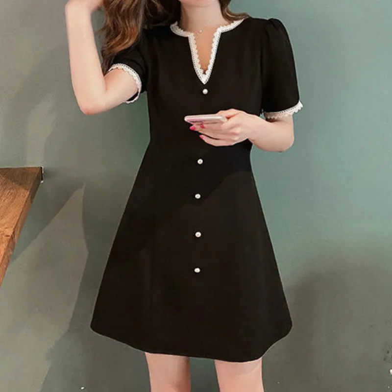 

Summer Striped Black Lace Dress Women Ruff Sleeve V Neck A-Line Mini Dresses Casual Fashion Patchwork Bandage Button Vestidos