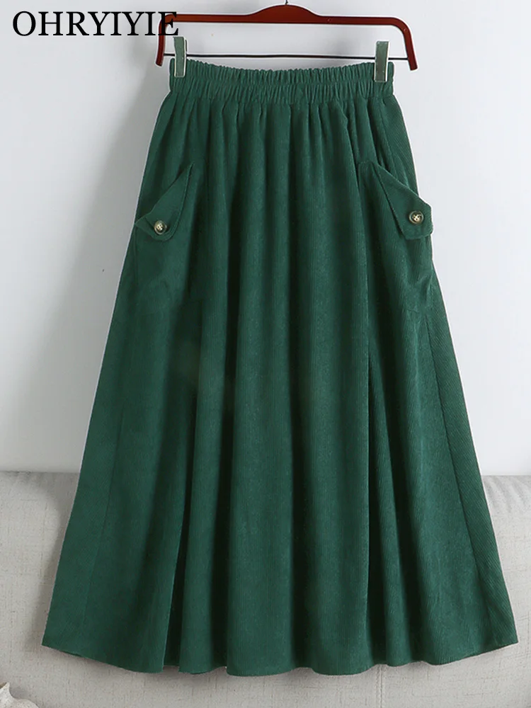 

OHRYIYIE Autumn Winter Pocket A Line Skirt Women 2022 Fashion High Waist Midi Long All-Match Skirt Female Casual Pleated Skirt