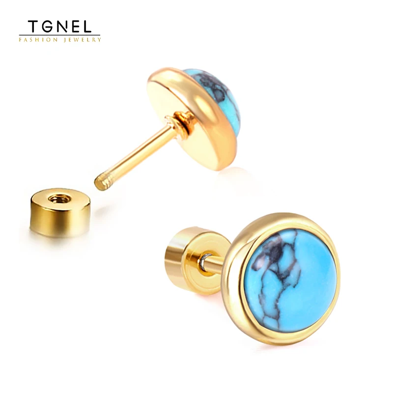 Blue Crackle Stone Screw Stud Earrings Fashion Stainless Steel Jewelry for Women Girls Tiny 20G Piercing Sleeper Mens Jewelry
