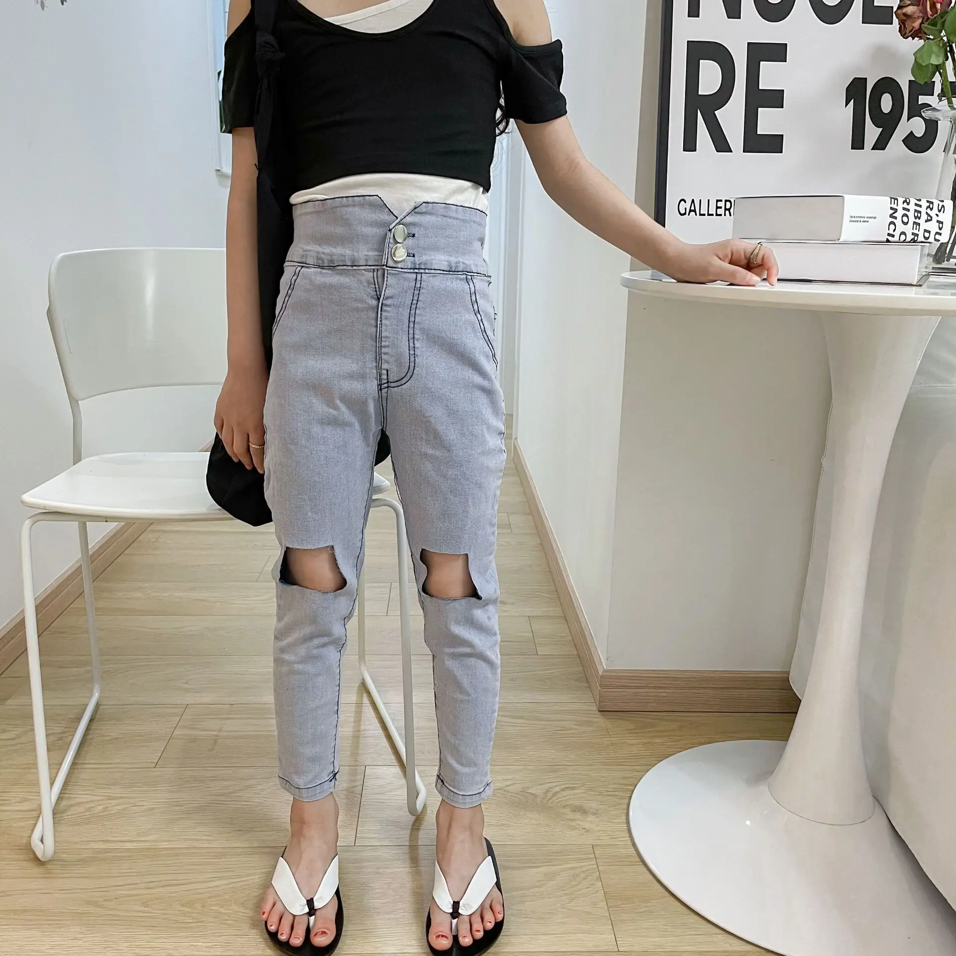 

Teen Kids Jeans Pants High Waist Ripped Autumn Girls Stretch Tight Skinny Pants For Children Tight Trousers Streetwear