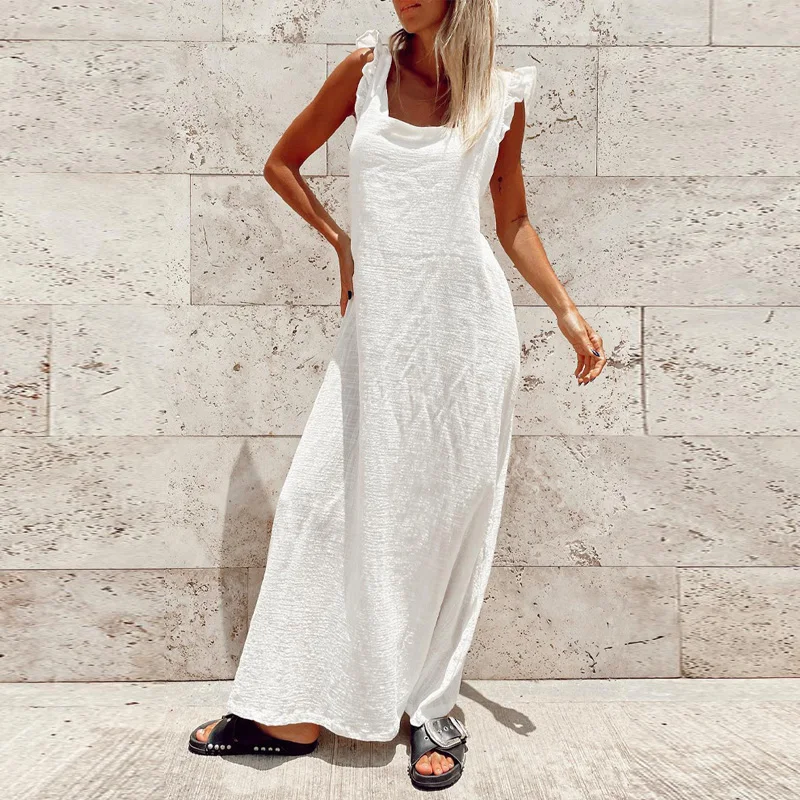 

2023 Holiday Solid Bohemian Dress Sexy Square Neck Hollow Backless Long Dress Women's Casual Ruffle Cotton Linen Beach Dress New