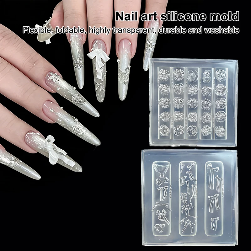 1Pcs 실리콘 보우 네일 아트 몰드 장미 꽃 꽃다발 스타일 높은 투명도 3D 네일 장식 네일 참 DIY 매니큐어 몰드