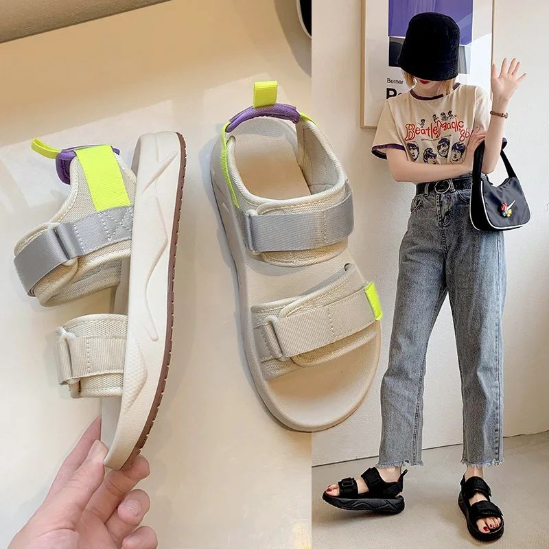 Women Sport Thick Comfort Sandals 2024 Summer New Fashion Flat Sports Sandals Velcro Open Toe Outdoor Beach Sandals