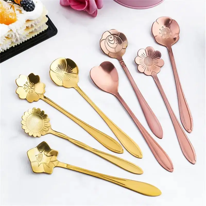 8Pcs Flower Spoon Set Small Teaspoon Coffee Spoon Cute Ice Cream Dessert Silver Gold Stainless Steel For Coffee Tea stainless steel spoon tea spoon