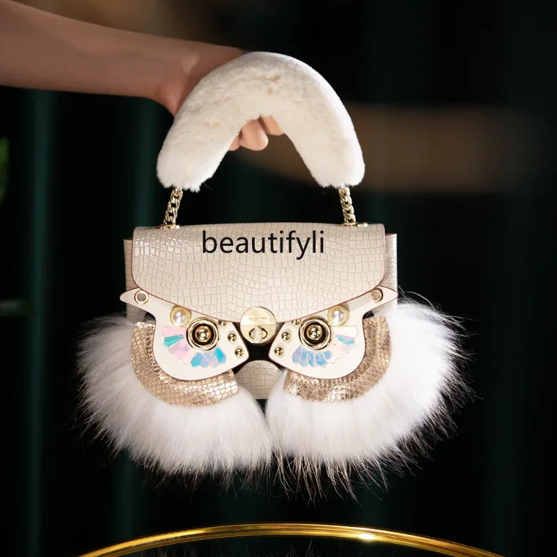 

yj Fox Fur Cowhide Shoulder Crossbody Portable Owl Eye Bag