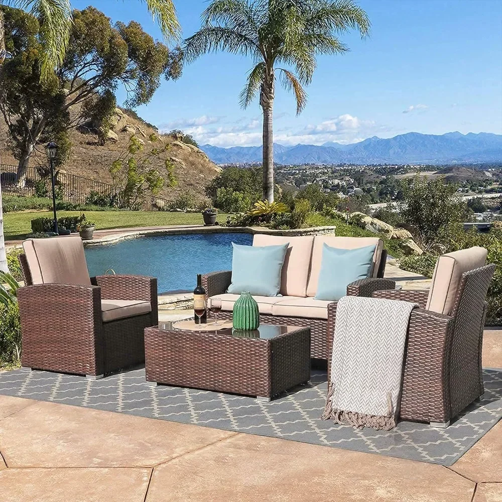 

4 Piece Outdoor Patio Conversation Set, All-Weather PE Rattan Wicker Sectional Patio Sofa with Tempered Glass Coffee Table,Brown