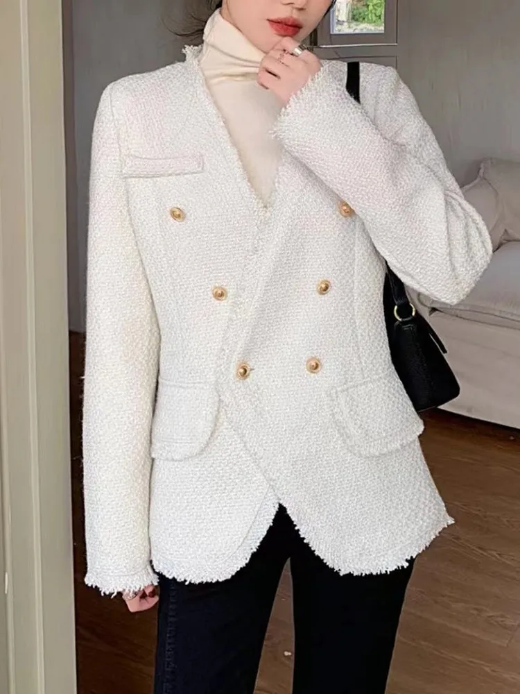 

High Quality Fashion Women Tweed Coat Jacket New Office Lady Solid Color Double Breasted Button Woolen Coat Casual Streetwear