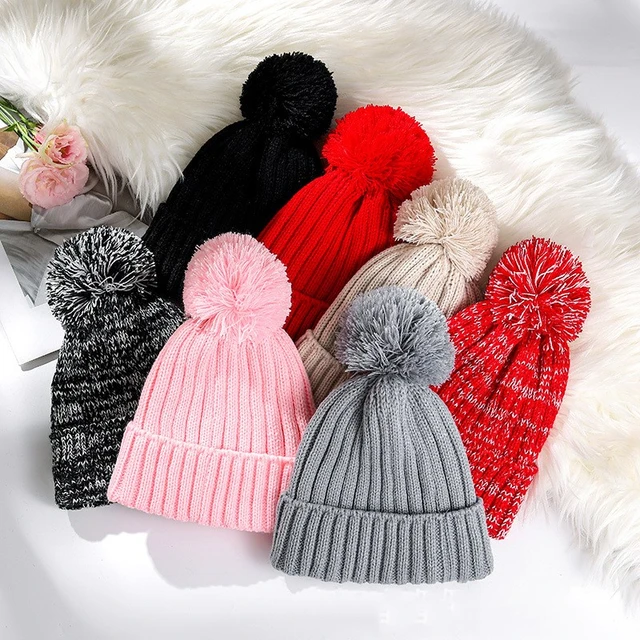 Kids Winter Hat Beanie Hat Toddler Boys Girls Knit Faux Fur Pom