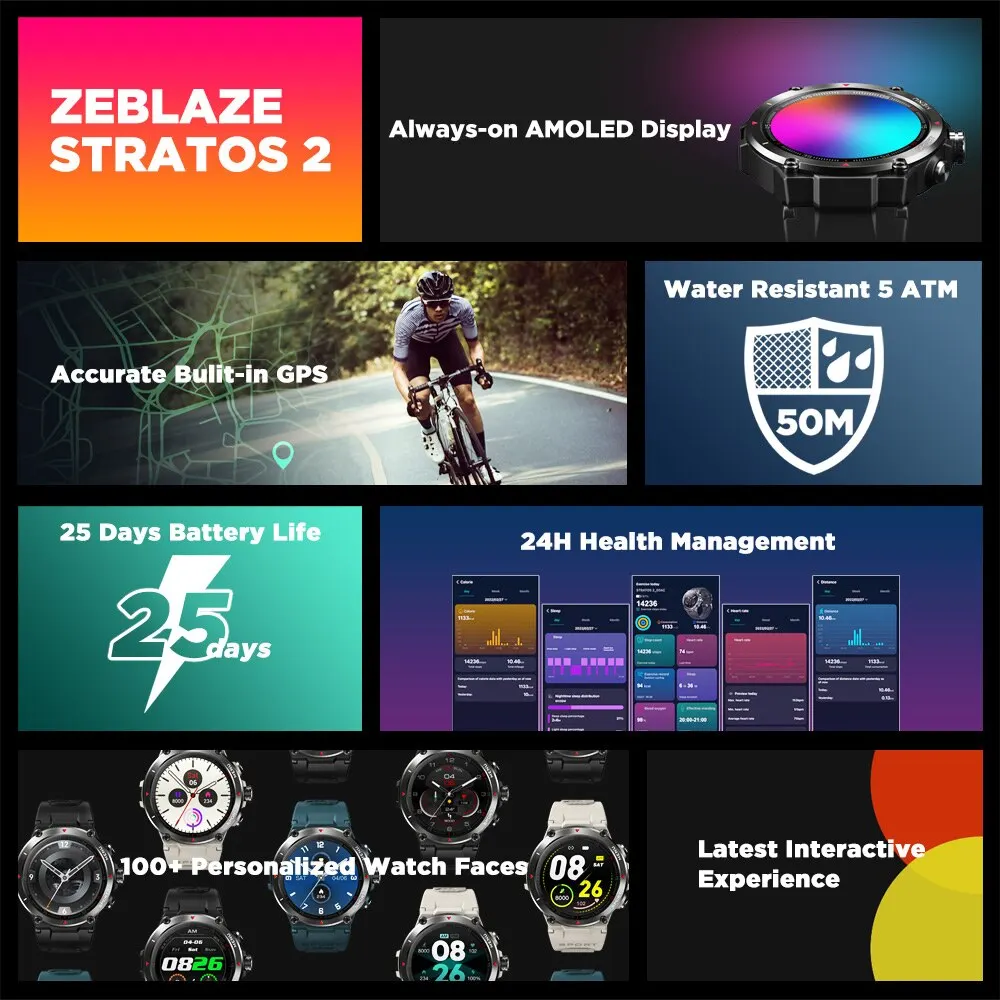 Smart Watch Zeblaze Stratos 2 GPS Smart Watch AMOLED Display 24h Health Monitor 5 ATM Long Battery Life Smartwatch for Men