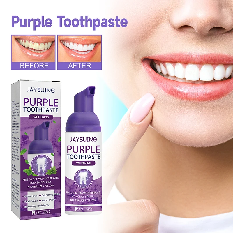 

Purple Mousse Toothpaste Brightening Whitening Teeth Reduce Yellowing Removing Deep Stains Fresh Breath Cleaning Teeth Oral Care