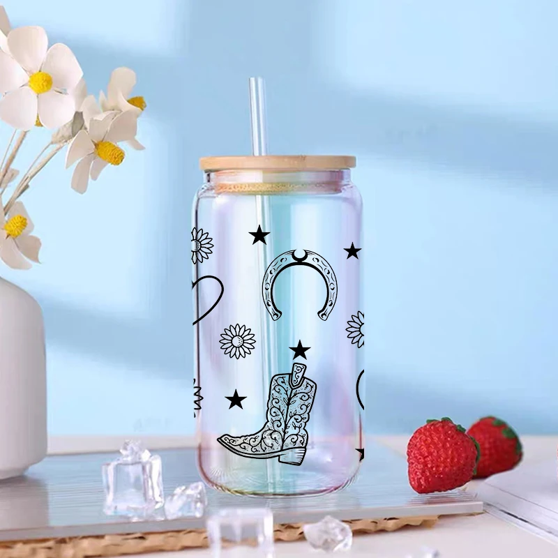 UV DTF Transfer Cowboy Theme For 16oz Libbey Glasses Wraps Cup Can DIY Waterproof Decals D8819