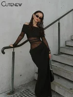 Cutenew maille froncé femmes Robe Maxi Sexy voir à travers les épaules nues à manches longues gaine robes femme minuit fête solide Robe 3