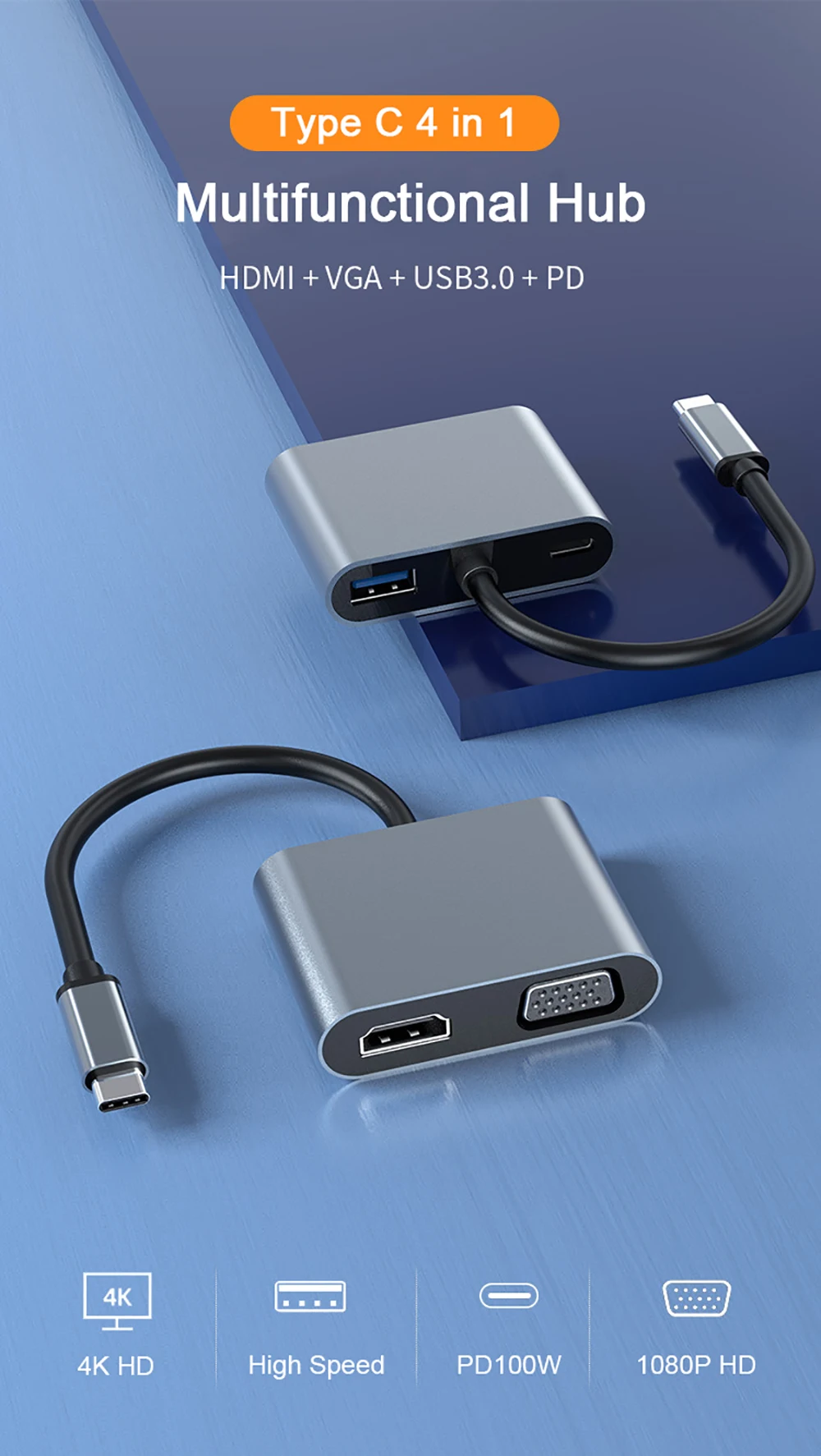 4K Type C to HDMI-compatible Hub 4 in 1 Docking Station USB C 3.0 VGA PD Adapter for Huawei Xiaomi Samsung S20 Nintendo Switch
