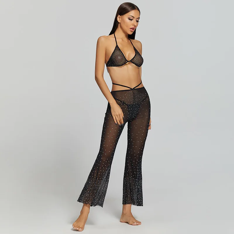 

Sexy Women Crystal Mesh Bra Top And Flared Leggings Bling Pole Dance Costume Rhinestone Erotic Lingerie Set Uniform Temptation