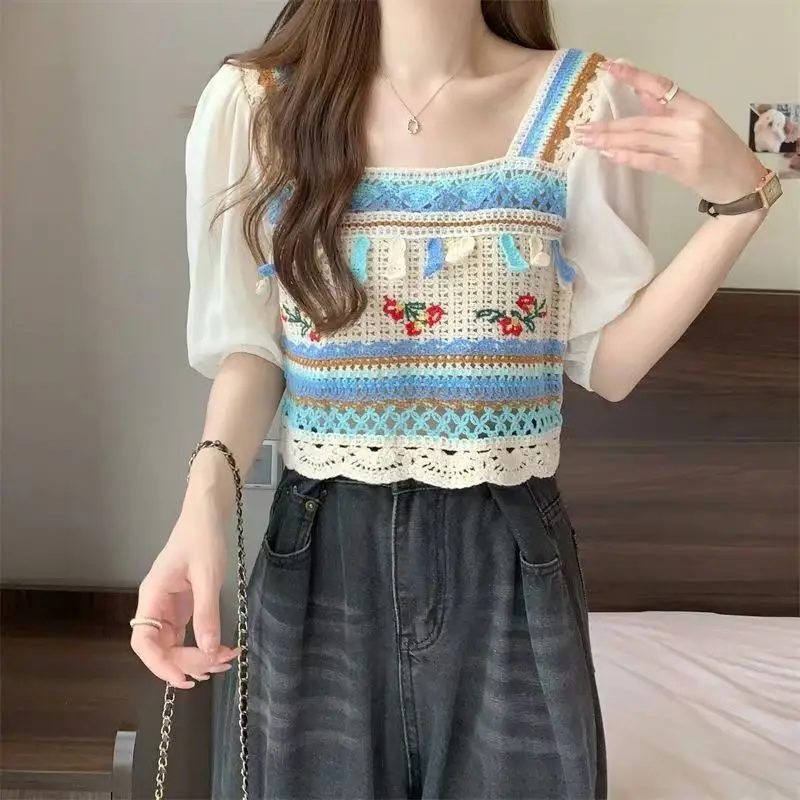 Bohemian Folk Knitted Spliced Blouse Summer Short Sleeve Stylish Hook Flower Hollow Women's Clothing Contrasting Colors Shirt