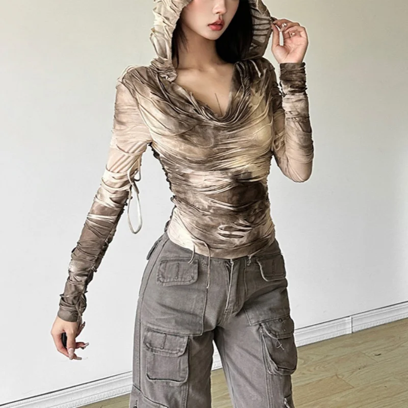 Wasteland Tops Mujer Y2K Ropa Tie Dye Estampado Rasgado Camiseta de Manga Larga con Capucha Ropa Cybercore de los 2000 Ropa Urbana