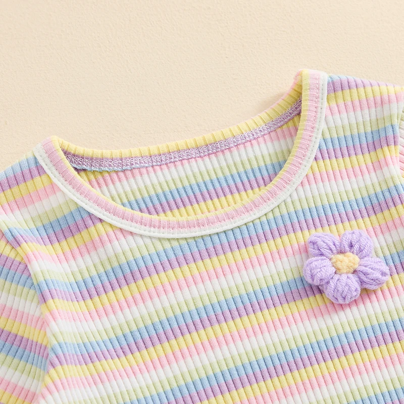 Description Picture 5 of itemKids Girls Shorts Set Striped Short Sleeve Crew Neck Flower T-shirt with Shorts Summer Outfit