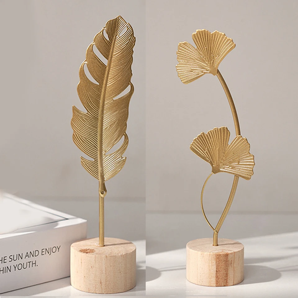 Statue Feuille De Ginkgo Dorée - Lot De 2 Sculptures Métal Et Bois - Décoration Murale Ou D'Étagère Moderne