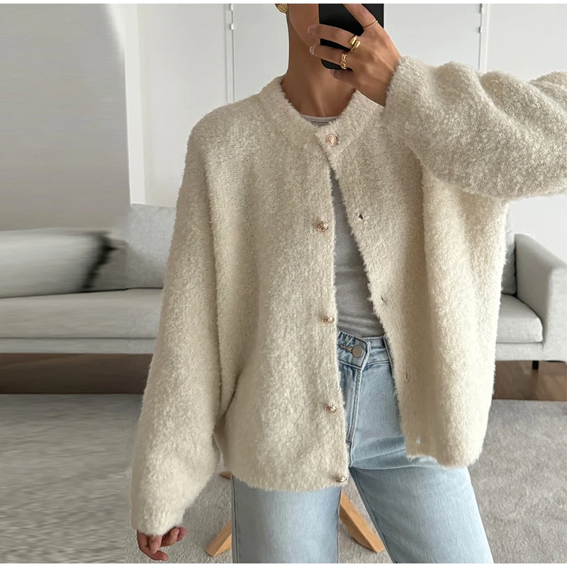 Solid Single Breasted Knitted Cardigan Women Autumn Elegant Long Sleeve O-Neck Sweater Causal Female Knitwear 4