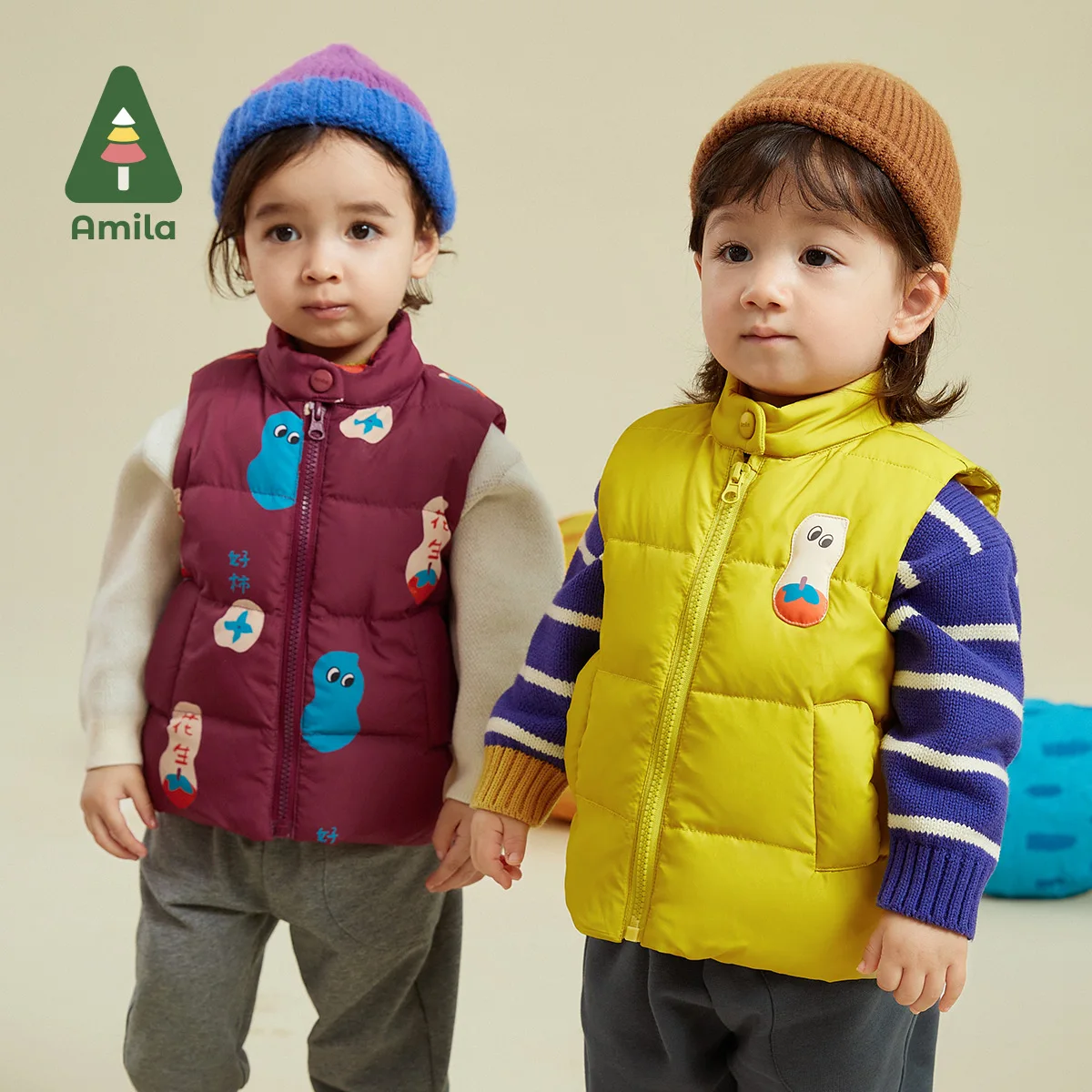 Amila Vest For Boys Girls Autumn New Original Printing Quality Goose Down Stand Up Collar Design Warm Fashion Baby Clothes