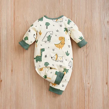 Spring and Autumn Season Boys and Girls Cute Dinosaur Print Comfortable Casual Long Sleeve Cotton Baby Bodysuit 2