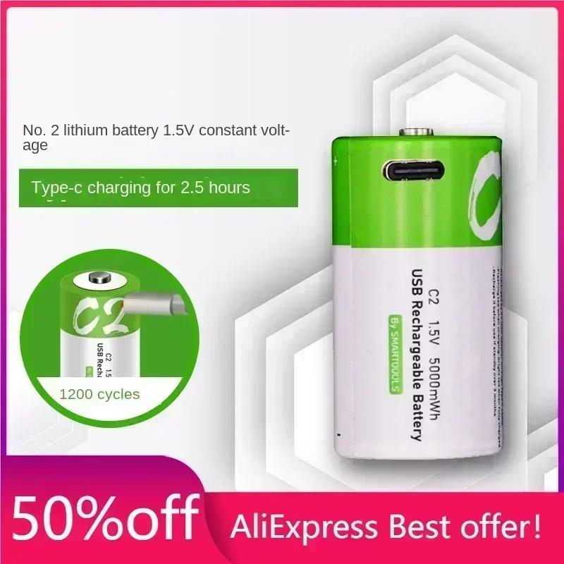 

Rechargeable Batteries 2 Size Type-c Direct ChargingC Lithium Battery 1.5v 5000mWh High Capacity Audiovisual Equipment Wholesale