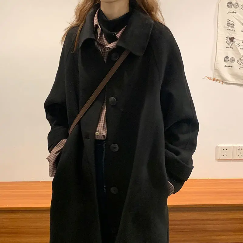 Black Coat Women's Autumn New Korean Version of The Wild Hepburn Style Woolen for Women No Cotton |