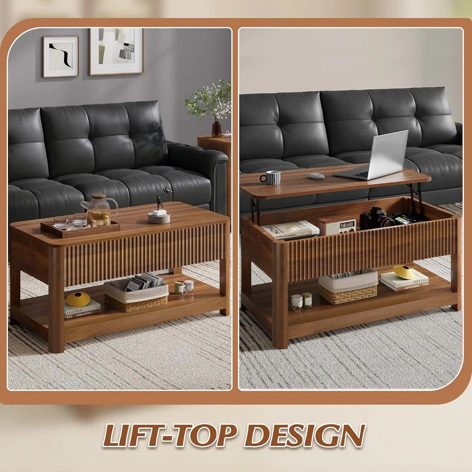 Lift Top Coffee Table with Storage, Mid Century Modern Coffee Table with Hidden Compartment, Fluted Wood Center Table