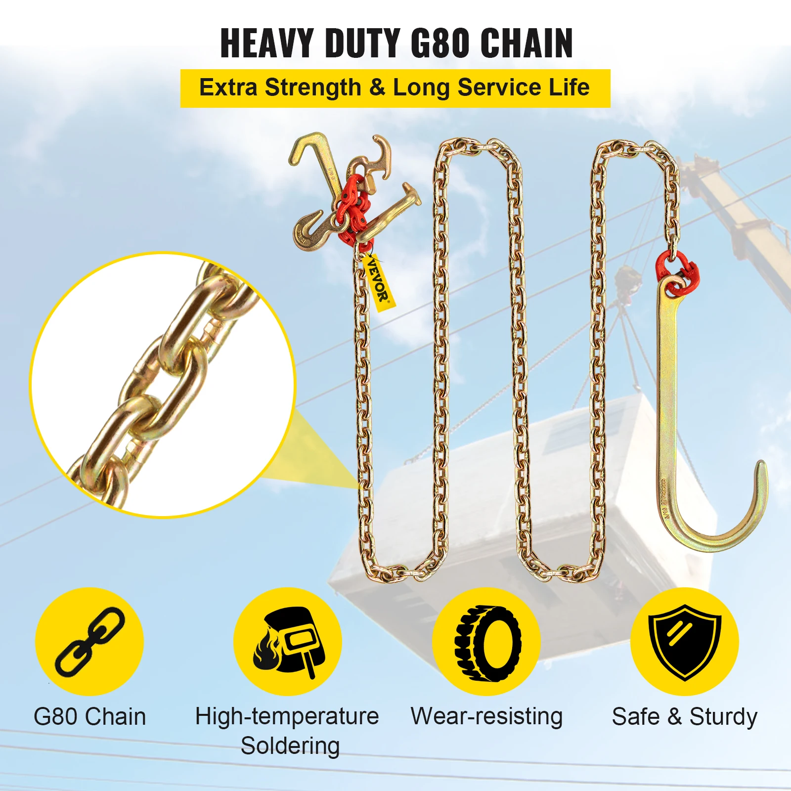 SucceBuy J Hook Chain 5/16inx10ft Bridle Tow G80 Bridle Transport  9260Lbs Break Strength for Trucks J Hooks Towing Straps 2PCS