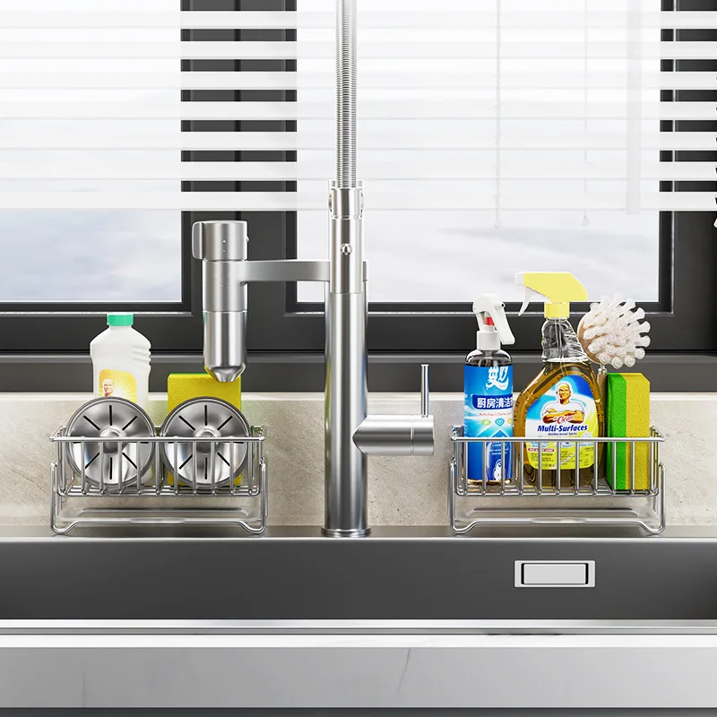 Cisily - Organizer per lavello da cucina con porta spazzole lavapiatti, scomparto per spugna, in acciaio inossidabile 304, antiruggine, porta dispenser di sapone per il bancone di cucina