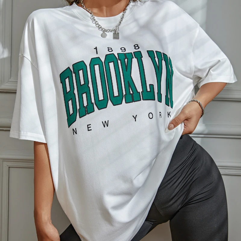 

Hahayule 1898 Brooklyn New York Letter Priting Cotton Women T-Shirt Summer Vintage Simple Clothes Short Sleeve Female T Shirt