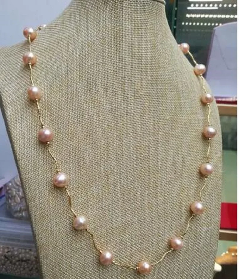 

22" AAA+ 9-10mm Real natural south sea Pink pearl necklace 14k fine jewelry