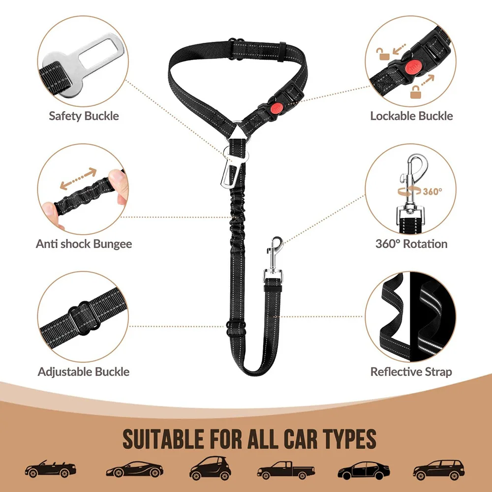 Dog Seat Belt Harness Leash Collar 3-in-1 Adjustable