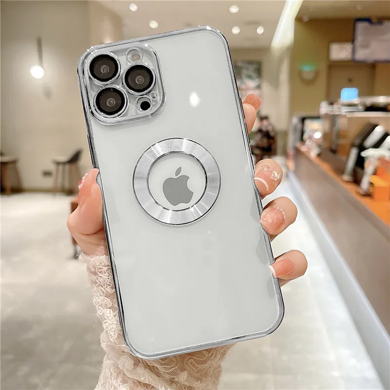 Luxury Clear Plating Logo Hole Shockproof Case For iPhone 11 12 13 Pro Max Mini XR X XS 7 8 Plus SE3 Glass Lens Protection Cover moto e6 phone case