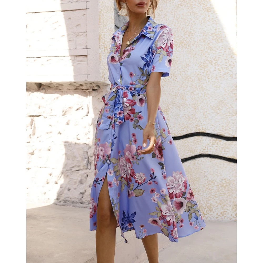 

Casual Women Floral Print Buttoned Shirt Belted Dress Summer Lady Short Sleeve Dress Vacation Elegant Turn-down Collar Outfits