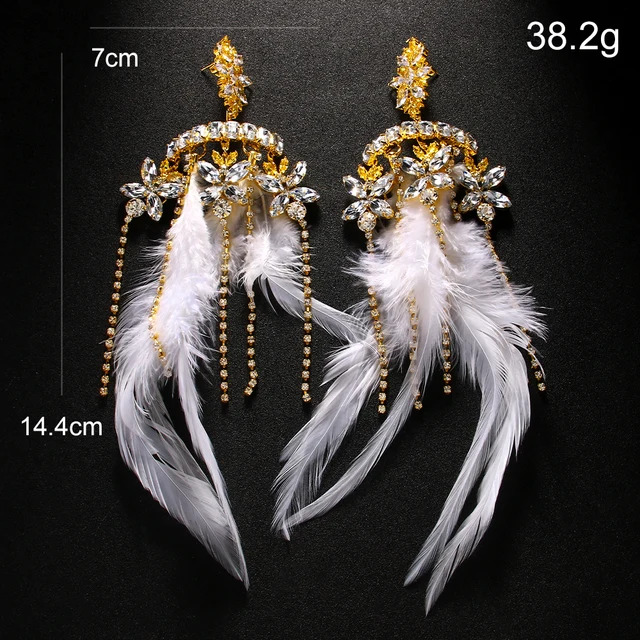Stonefans New Feather Exaggerated Heart Earrings Dangle Bridal Wedding Designer Large Crystal Hanging Earrings Prom Jewelry Club 4