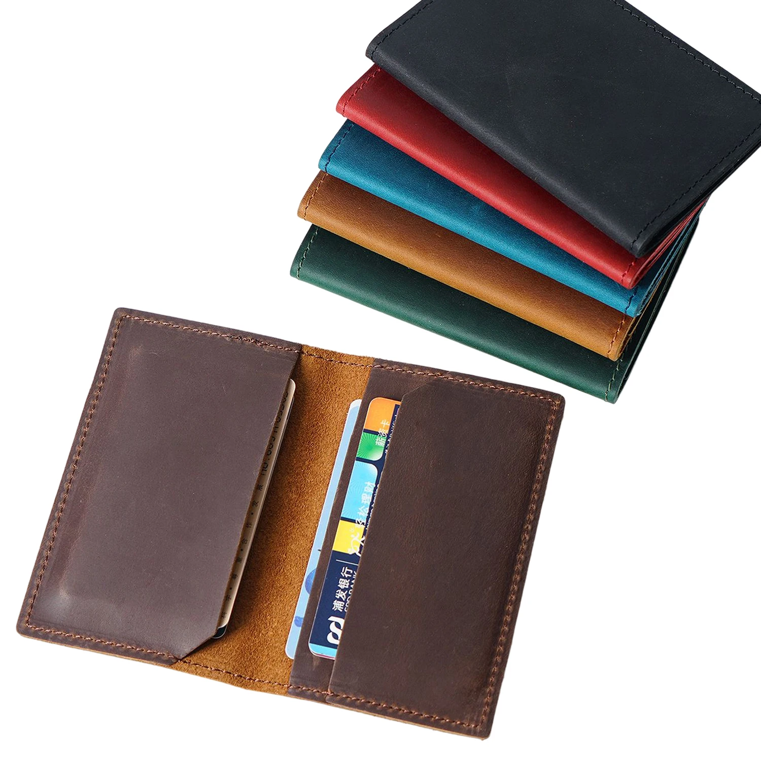 Crazy Horse Leather Wallet-Minimalist Top-Grain Cowhide Card Holder with Stitched Seams for Bank/Membership Cards