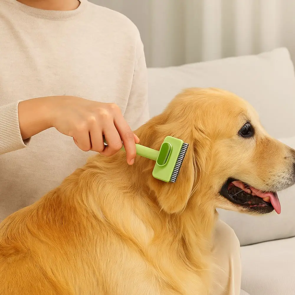 Stainless Steel Pet Grooming Brush Double Sided Self Cleaning Deshedding Brush Comfort Grip Dog Comb Kitten Grooming