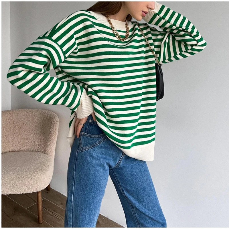 O Neck Vintage Striped Sweater Pullovers For Women Casual Loose Long Sleeves Jumpers Autumn Female Drop Shoulder Kintting Tops sweater for women