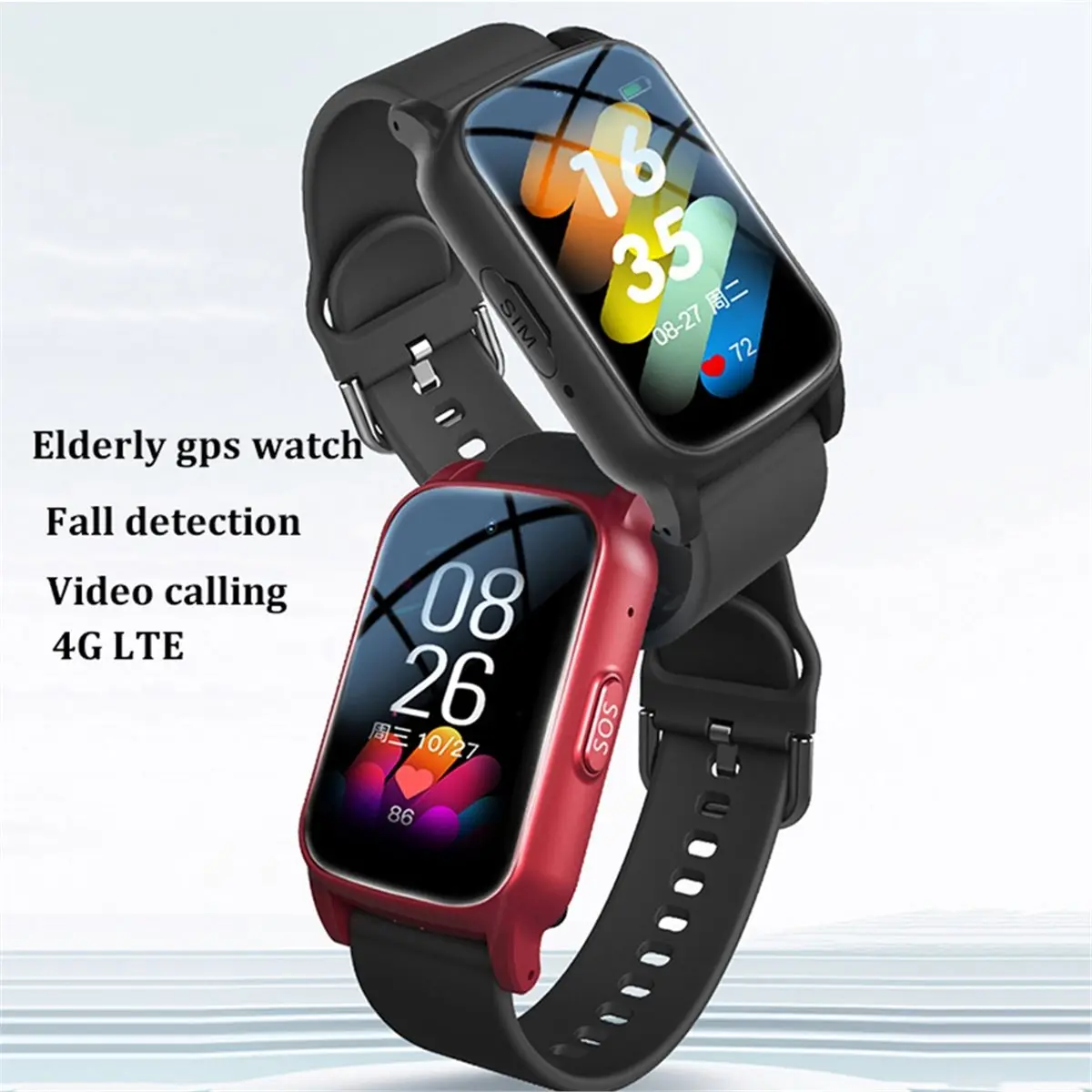 ABSF Smartwatch 4G per Anziani con GPS, SOS, Rilevamento Cadute, Supporto di Emergenza, Monitoraggio Salute AI per Anziani Rosso B