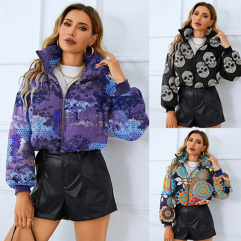 

Women's Winter Print Parkas, Short Style, Warm Cotton Bread Jacket, Stand-up Collar, Female Coats