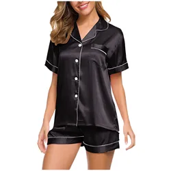 Womens Silk Satin Pajamas Set Lingerie Sexy Short Sleeve Tops And Shorts Nightwear Loose Pajama Pyjamas Home Clothes Sleepwear