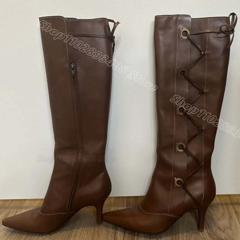 

Brown Cross Band Decor Knee Boots Stiletto Pointed Toe Side Zipper British Style Fashion Party Women Boots Zapatos Para Mujere